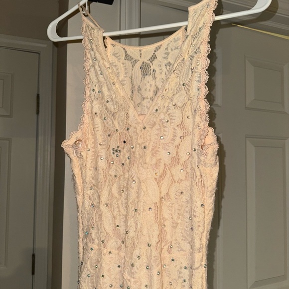 Elegant Cream Peach Lace Halter Dress - Picture 9 of 11